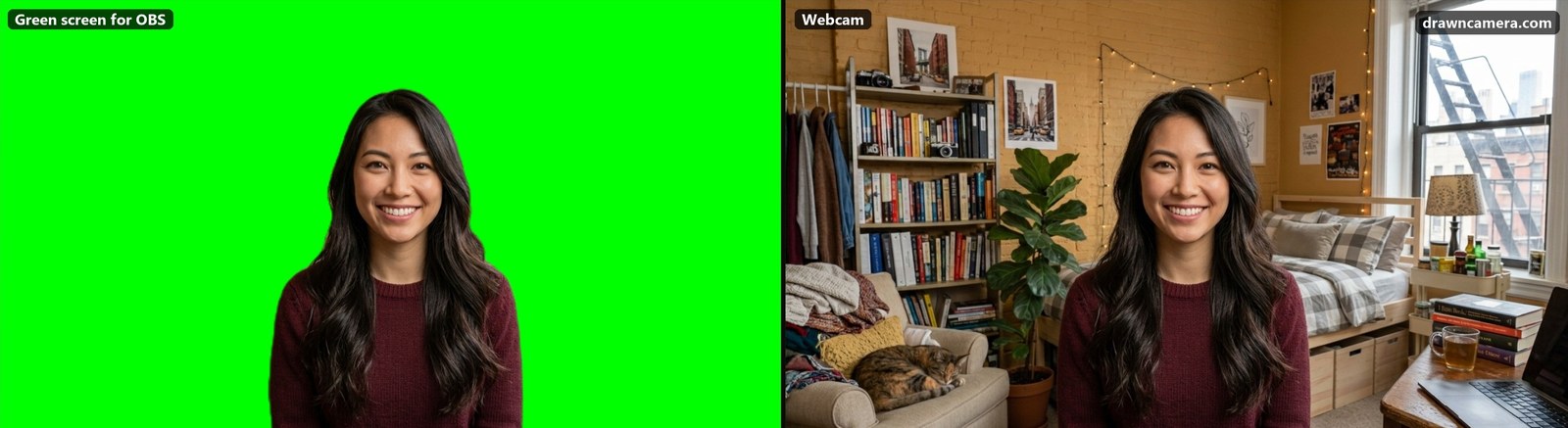 The woman on a green screen for OBS, then the same woman in her room as the webcam shows her