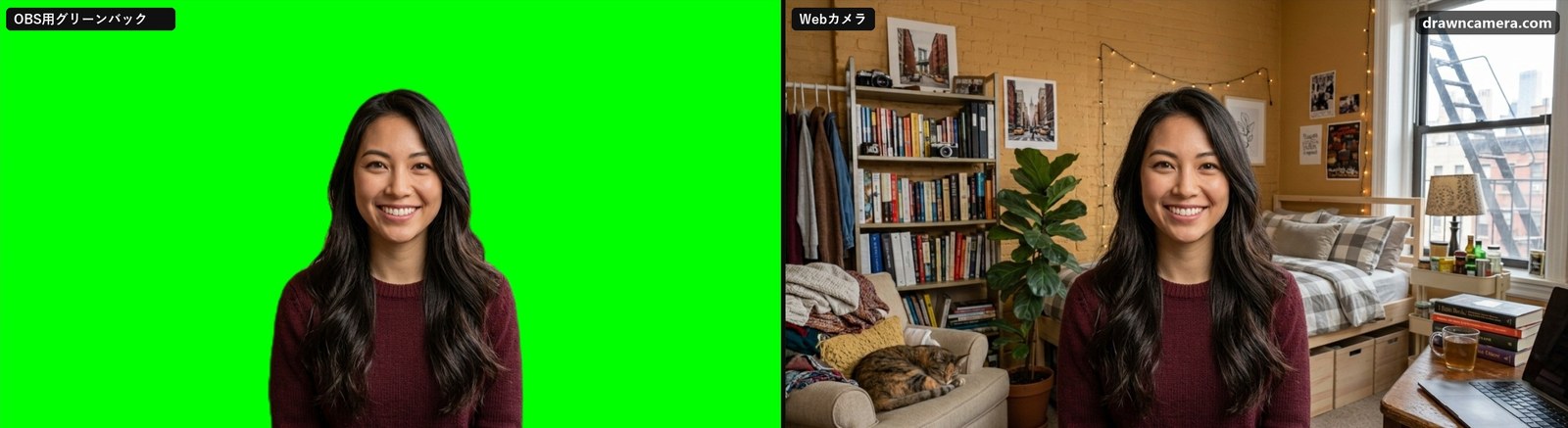 OBS用のグリーンバックの前の女性と、Webカメラが映す自分の部屋にいる同じ女性